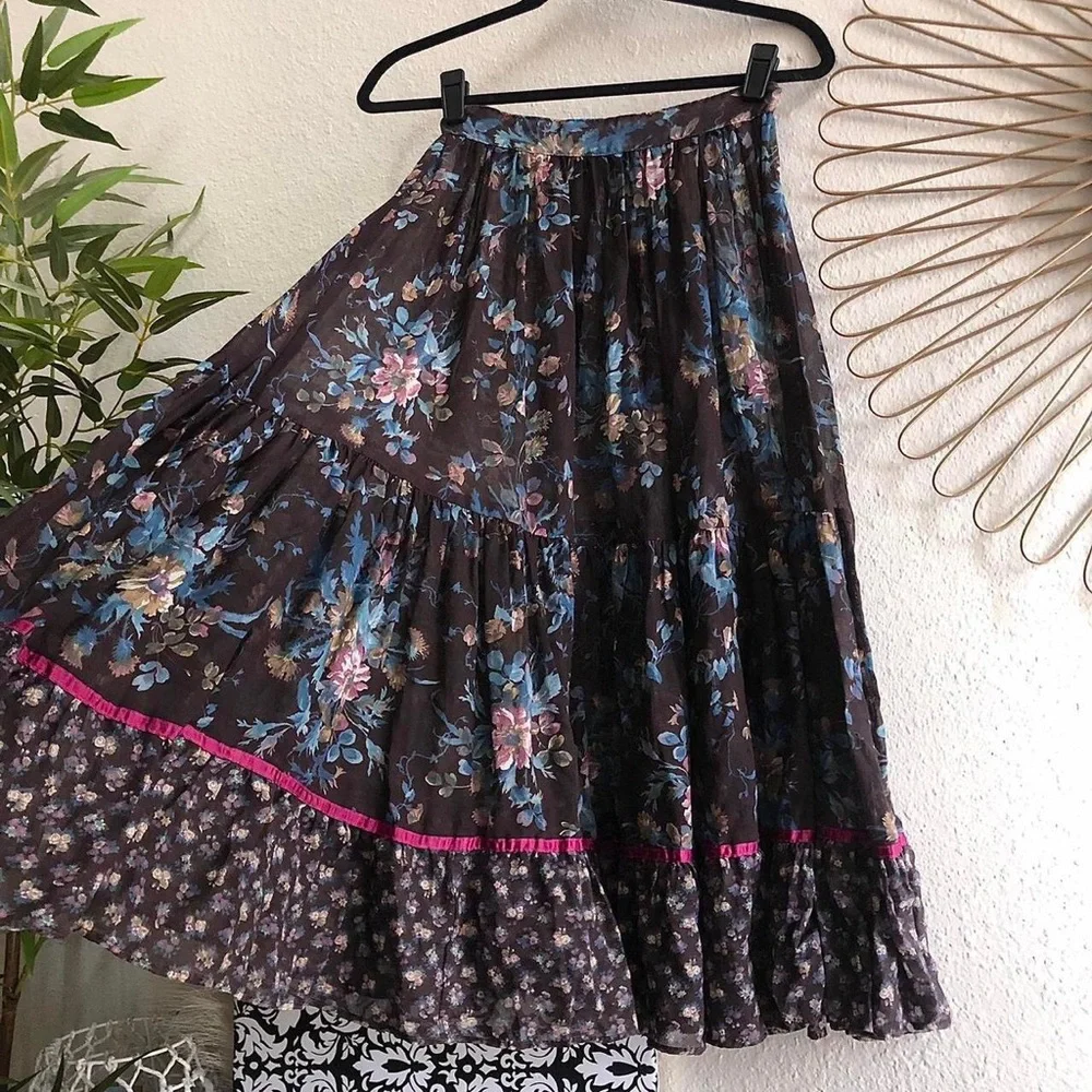 1970s Jessica Gunne Sax Floral Cottagecore Tiered Ruffle Maxi Skirt Pilgrim Boho